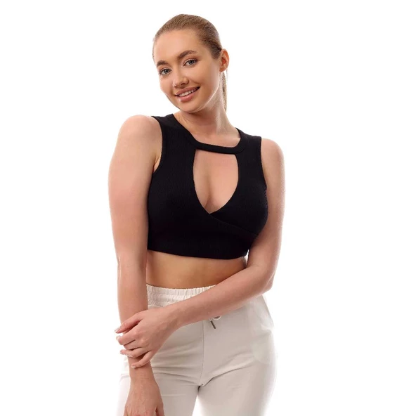 Fitilli Göğüs Pencere Detaylı Crop Top Büstiyer Siyah 37400