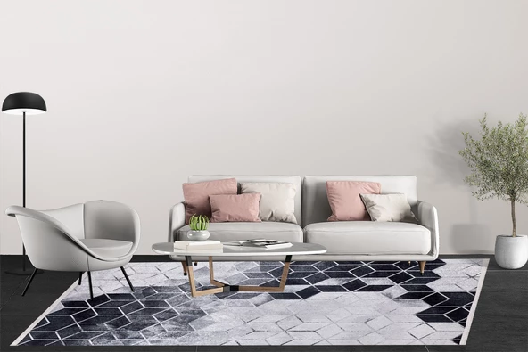 Modern Gri Dijital Baskı Yıkanabilir Hipoalerjenik Kaymaz Taban Halı Yolluk HA068 - 5