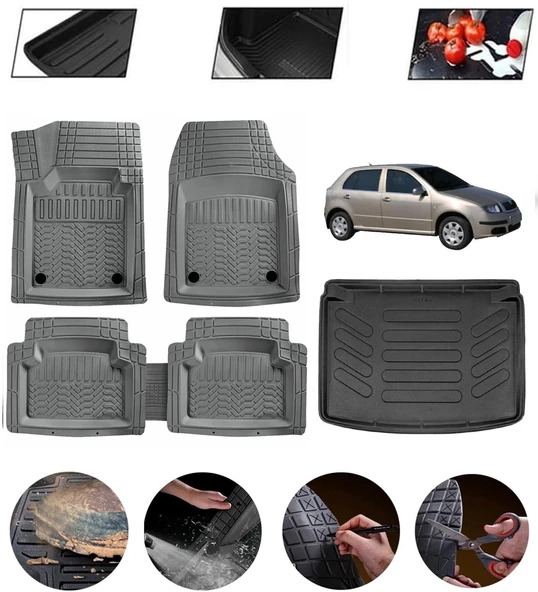 Skoda Fabia Hatchback 1999-2007 Uyumlu Paspas Araca Özel Bagaj Havuzu MBS Gri