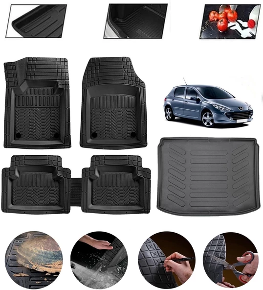 Peugeot 308 2007-2013 Uyumlu Paspas Araca Özel Bagaj Havuzu MBS Siyah ürün görseli 1