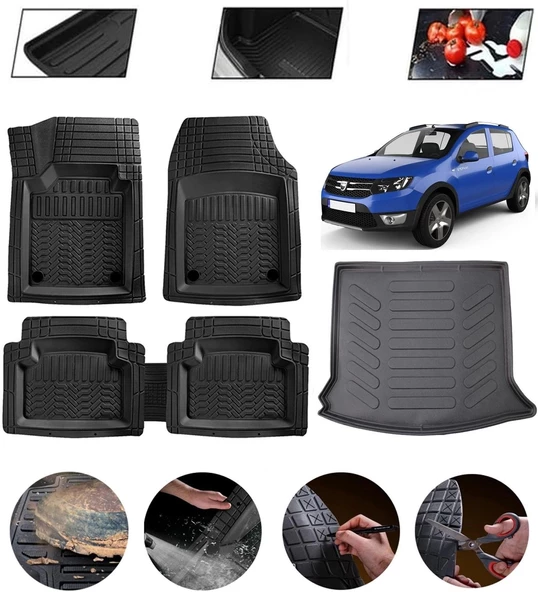 Dacia Sandero 2008-2021 Uyumlu Paspas Araca Özel Bagaj Havuzu MBS Siyah