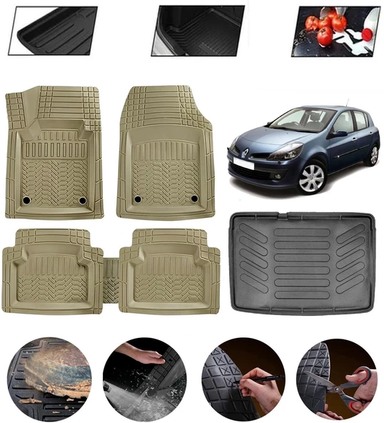 Renault Clio 3 2005-2012 Kancasız Uyumlu Paspas Araca Özel Bagaj Havuzu MBS Bej