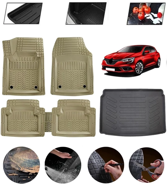 Renault Megane 4 Hatchback 2016-2025 Uyumlu Paspas Araca Özel Bagaj Havuzu MBS Bej - 1