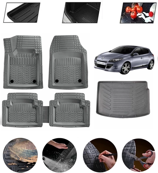 Renault Megane 3 Hatchback 2009-2016 Uyumlu Paspas Araca Özel Bagaj Havuzu MBS Gri ürün görseli 1