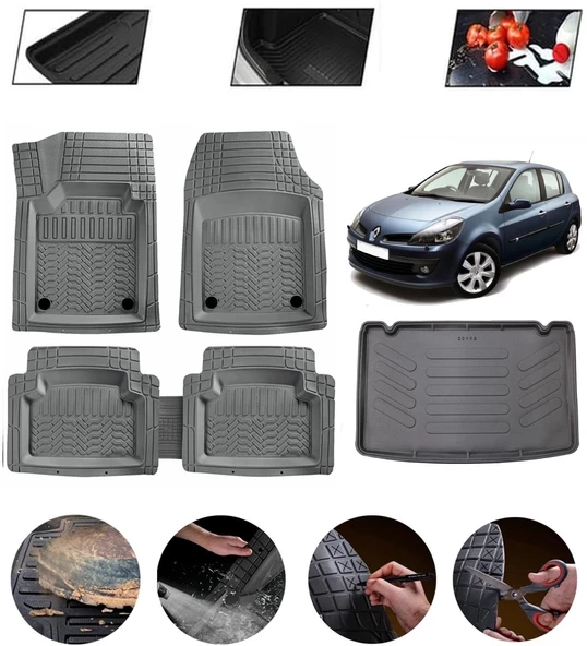 Renault Clio 3 2005-2012 Kancalı Uyumlu Paspas Araca Özel Bagaj Havuzu MBS Gri ürün görseli 1