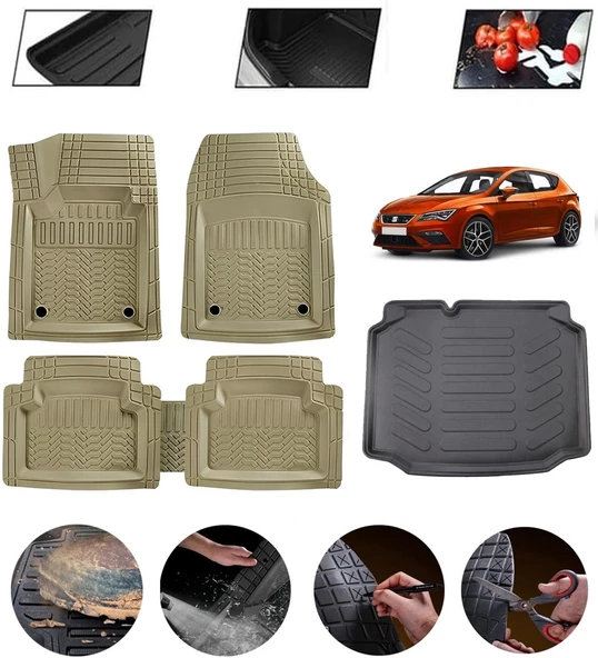 Seat Leon Hatchback 2012-2020 Uyumlu Paspas Araca Özel Bagaj Havuzu MBS Bej