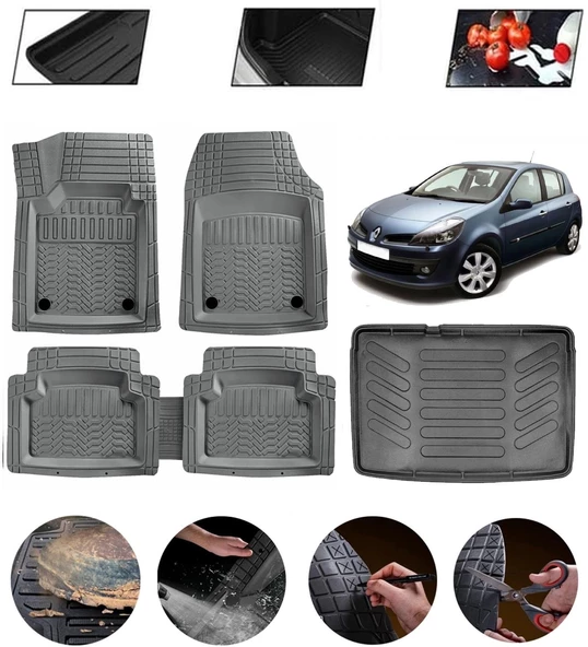 Renault Clio 3 2005-2012 Kancasız Uyumlu Paspas Araca Özel Bagaj Havuzu MBS Gri ürün görseli 1