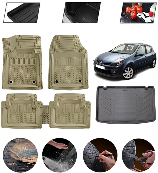 Renault Clio 3 2005-2012 Kancalı Uyumlu Paspas Araca Özel Bagaj Havuzu MBS Bej