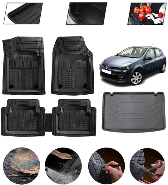 Renault Clio 3 2005-2012 Kancalı Uyumlu Paspas Araca Özel Bagaj Havuzu MBS Siyah