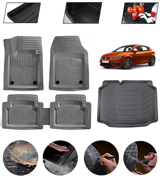 Seat Leon Hatchback 2012-2020 Uyumlu Paspas Araca Özel Bagaj Havuzu MBS Gri ürün görseli 1