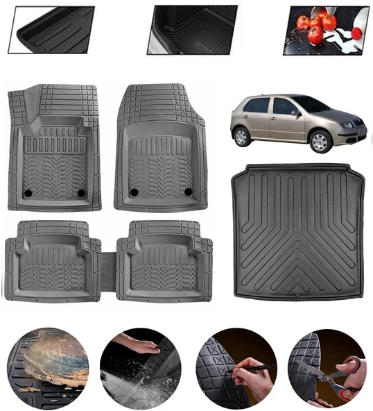 Skoda Fabia Sedan 1999-2007 Uyumlu Paspas Araca Özel Bagaj Havuzu MBS Gri ürün görseli 1