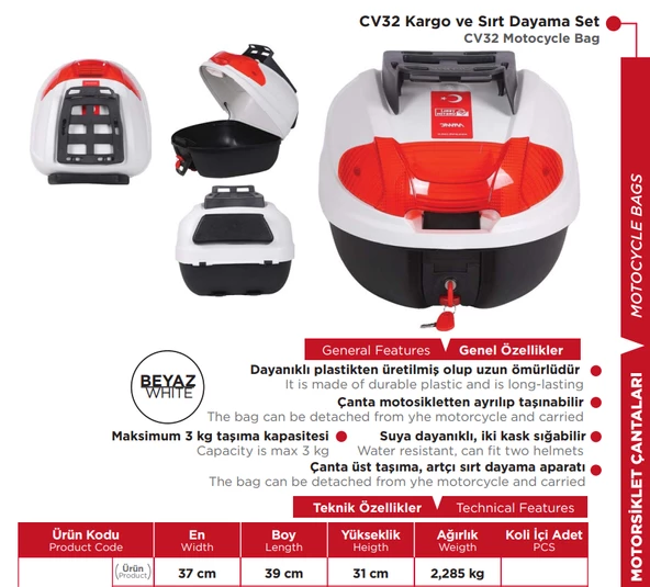 Arwic CV32 Litre Çanta Kargo ve Sırt Dayama Set Beyaz - 2