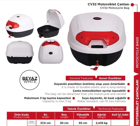 Arwic CV32 Litre Motosiklet Arka Çanta Beyaz - 2