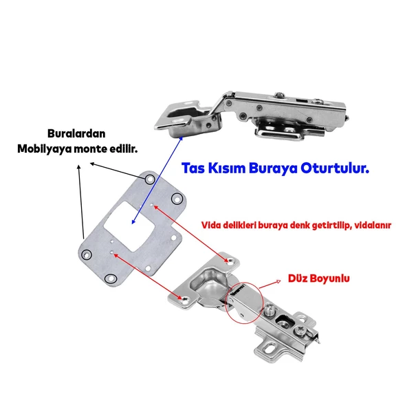 Mobilya Dolap Kapak Metal Tamir Saç Hanaks Mobilya Dolap Kapak Menteşesi Düz Tas Menteşe Set 8'li - Resim 3