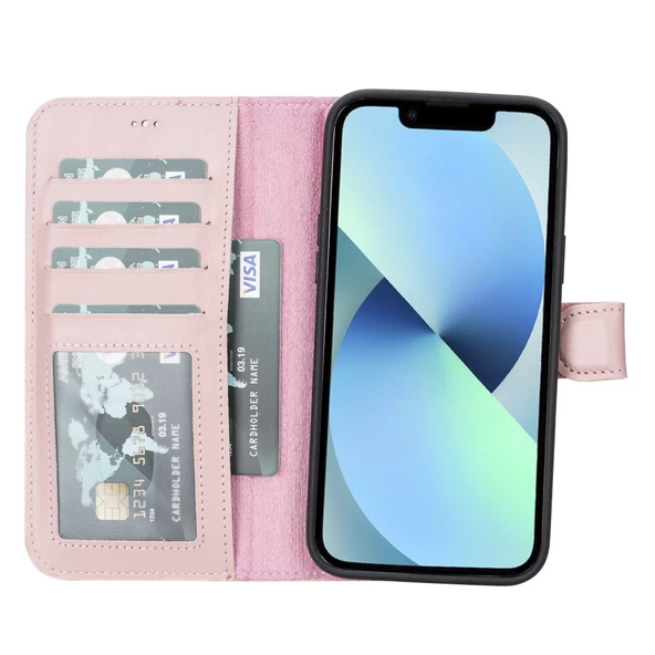 Apple iPhone 14 Plus Uyumlu Deri Cüzdanlı Kılıf MWWN NU2 Pembe - 4