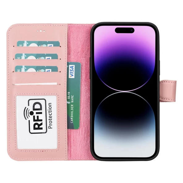 Apple iPhone 15 Plus Uyumlu Deri Cüzdanlı Kılıf MWWN NU2 Pembe - 2