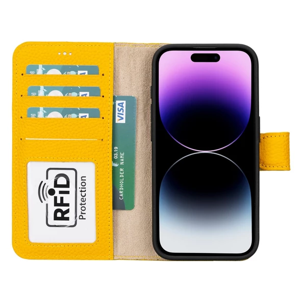Apple iPhone 15 Pro Uyumlu Deri Cüzdanlı Kılıf MWWN FL12 Sarı - 2