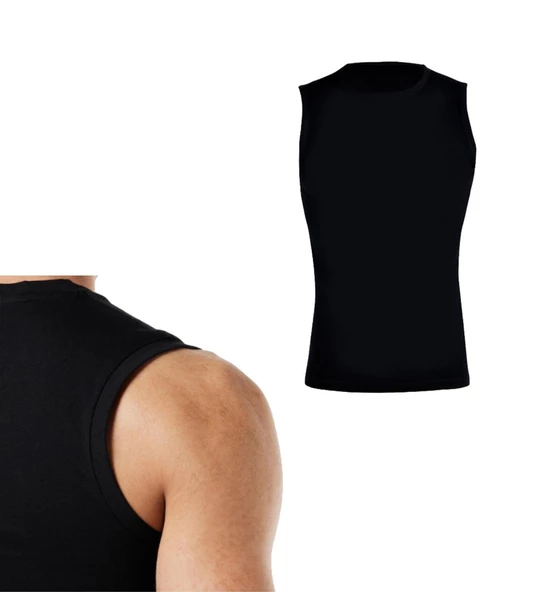Erkek Sıfır Kol Bisiklet Yaka Slimfit Likralı Düz Tişört Siyah - 2