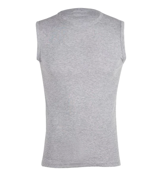 Erkek Sıfır Kol Bisiklet Yaka Slimfit Likralı Düz Tişört Gri - 4