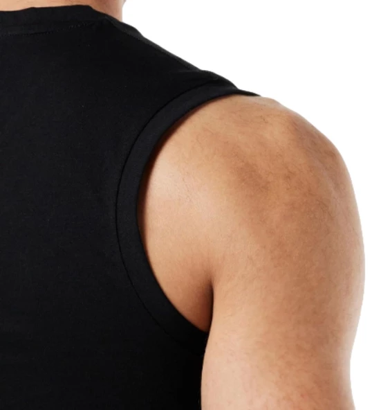 Erkek Sıfır Kol Bisiklet Yaka Slimfit Likralı Düz Tişört Siyah - 3