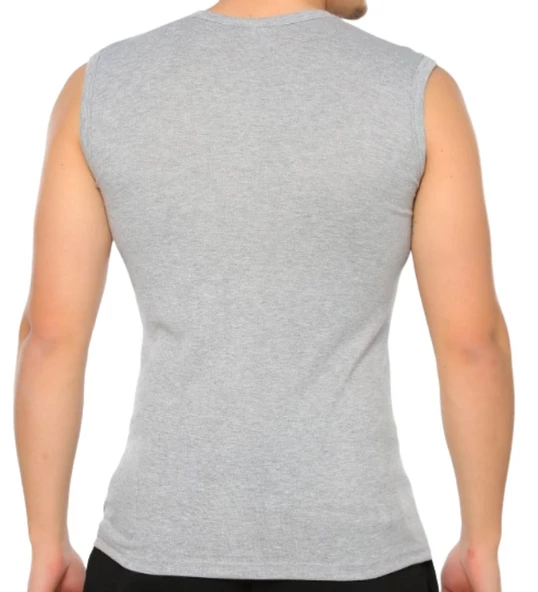 Erkek Sıfır Kol Bisiklet Yaka Slimfit Likralı Düz Tişört Gri - 3