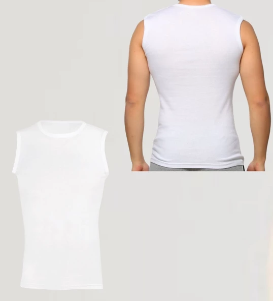 Erkek Sıfır Kol Bisiklet Yaka Slimfit Likralı Düz Tişört Beyaz - 2