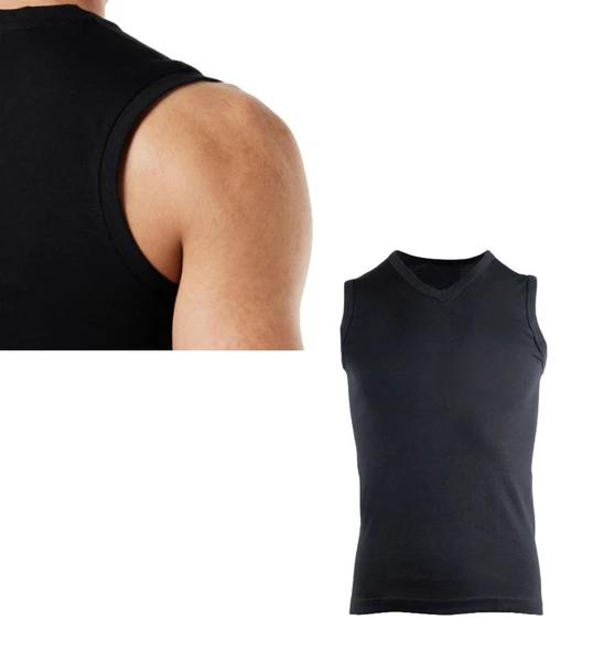 Erkek Sıfır Kol V Yaka Slimfit Likralı Düz Tişört Siyah - 2