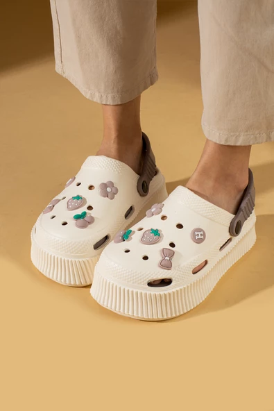 Pembe Potin Yüksek Taban Jibbitzli Eva Comfort Kadın Sandalet DNZ224-24Krem Vizon - 1