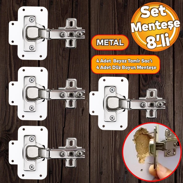 Mobilya Dolap Kapak Metal Beyaz Tamir Saç Hanaks Mutfak Gardrop Menteşesi Düz Tas Menteşe Set 8'li ürün görseli