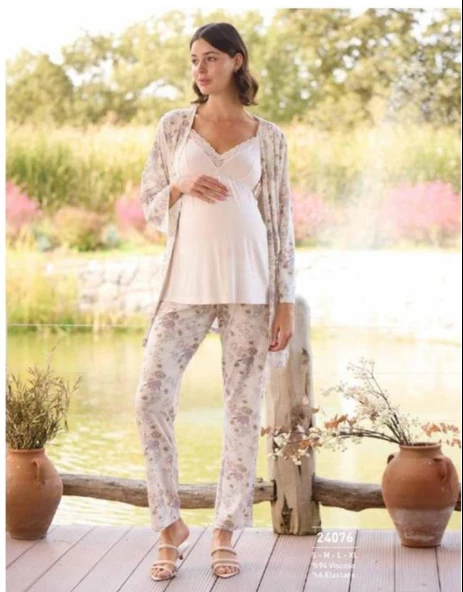 Monamise 24076 Çiçek Desenli  Hamile Lohusa 3 Lü Pijama Sabahlık Tk - 3