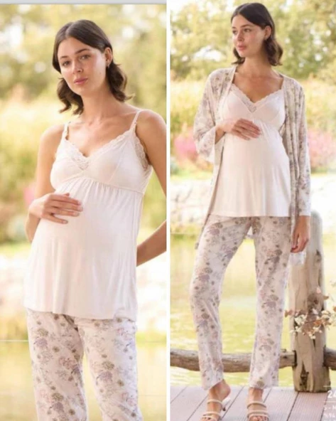 Monamise 24076 Çiçek Desenli  Hamile Lohusa 3 Lü Pijama Sabahlık Tk - 5
