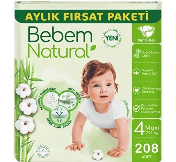 Bebem Natural 4 Numara Maxi 208'li Bebek Bezi