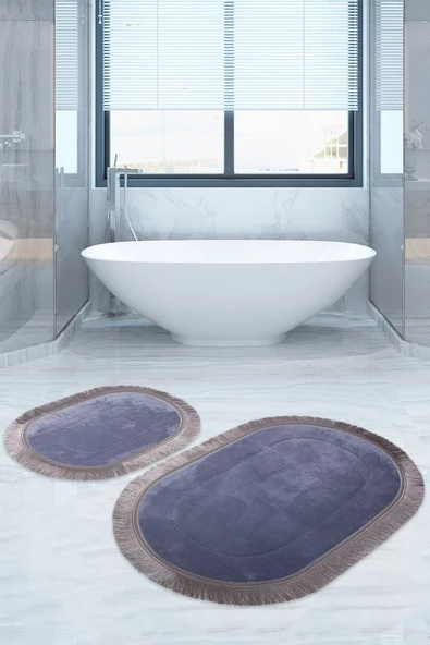 Bonny Home Pera Gri 2'li Banyo Paspası Seti Kaymaz Tabanlı Saçaklı Püsküllü Klozet Takımı