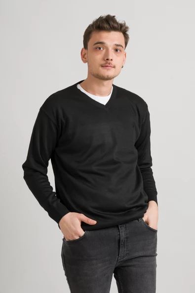 Regular Fit V Yaka Pamuklu Basic Erkek Triko Kazak - 9