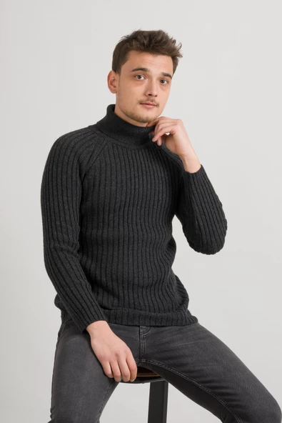 Slimfit Kendinden Çizgili Tam Balıkçı Pamuklu Kalın Triko Erkek Kazak - 5