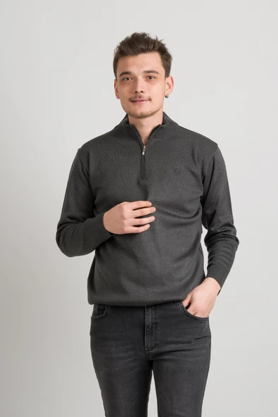 Regular Fit Yarım Balıkçı Fermuarlı Akrilik Viskon Karışımlı Erkek Triko Kazak - 9