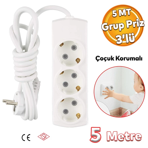 Çoklu Uzatma Kablosu Çoçuk Korumalı Kablolu 3'lü Topraklı Grup Priz Çoğaltıcı 5 Metre Anahtarsız