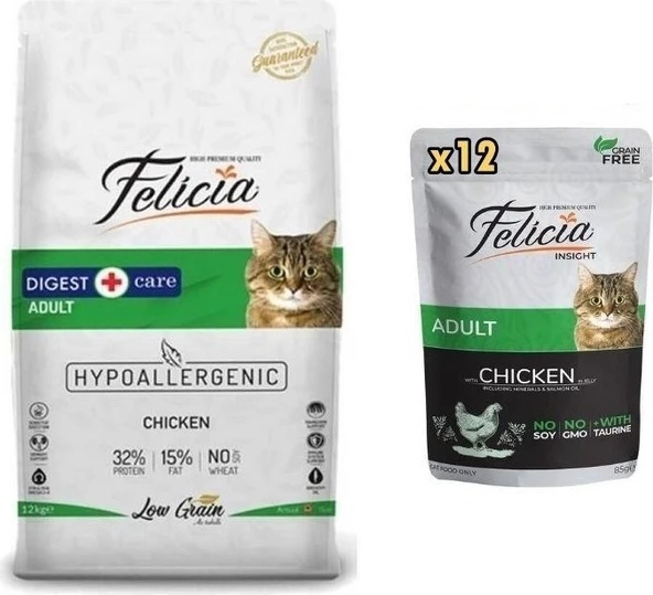 Felicia Kedi Maması Tavuklu 12 Kg + Felicia Yaş Mama 85 Gr x 12 Adet - 1