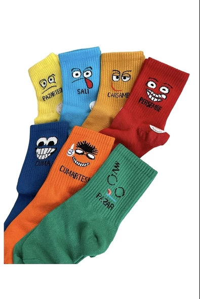 Haftanın 7 Günü Özel Emoji Basklılı Eğlenceli Tenis Kolej Çorap Kutulu Unisex - Royaleks - 3
