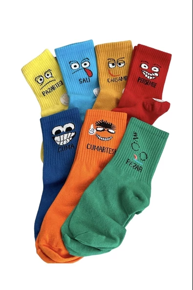 Haftanın 7 Günü Özel Emoji Basklılı Eğlenceli Tenis Kolej Çorap Kutulu Unisex - Royaleks - 4