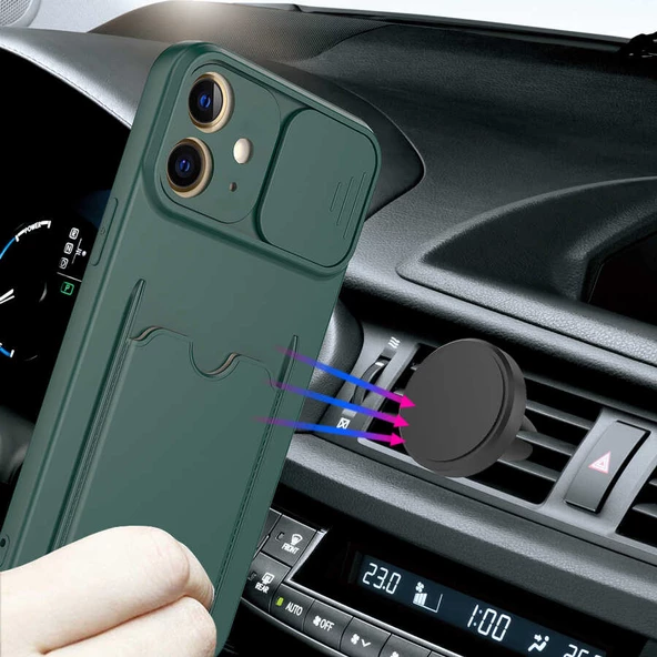 Apple iPhone 12 Kılıf Kartlıklı Lens Kapatmalı Kapak - 10