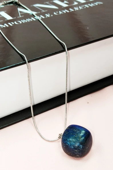 Lapis Lazuri Doğal Taşı Zincirli El Yapımı Kolye Uç: 2 cm Zincir: 20 cm Kutulu - 3