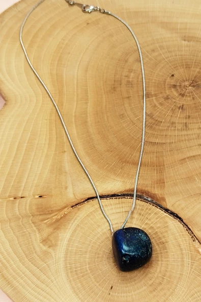 Lapis Lazuri Doğal Taşı Zincirli El Yapımı Kolye Uç: 2 cm Zincir: 20 cm Kutulu - 6