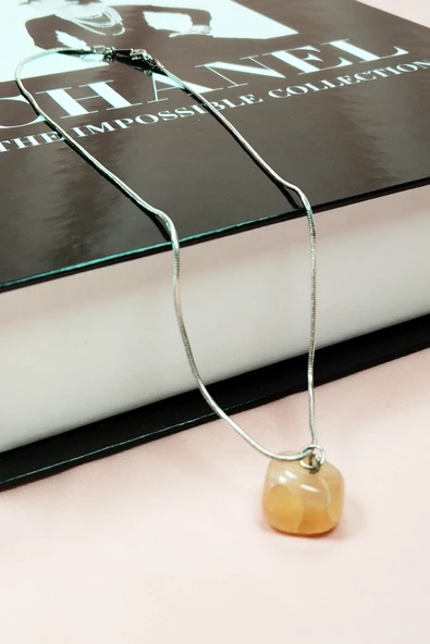 Kalsit Doğal Taşı Zincirli El Yapımı Kolye Uç: 1,5 cm Zincir: 20 cm Kutulu - 3