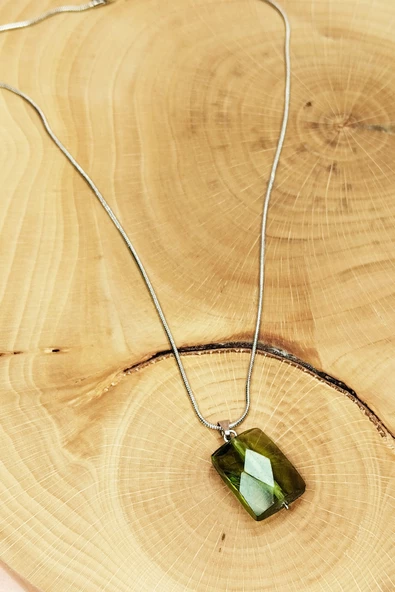 Moldavit Doğal Taşı Zincirli El Yapımı Kolye Uç: 2 cm Zincir: 20 cm Kutulu - 4