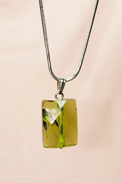 Moldavit Doğal Taşı Zincirli El Yapımı Kolye Uç: 2 cm Zincir: 20 cm Kutulu - 7