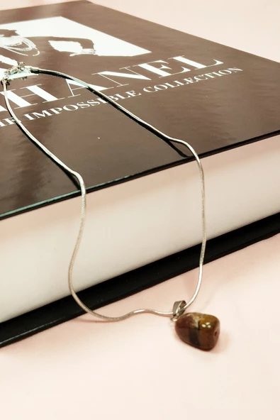 Kaplan Gözü Doğal Taşı Zincirli El Yapımı Kolye Uç: 2 cm Zincir: 20 cm Kutulu - 7