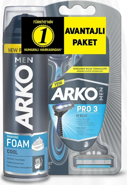 Arko Men T3 Pro 3 Bıçaklı Tıraş Bıçağı 3'lü & Cool Tıraş Köpüğü 200 ml Avantaj Paketi