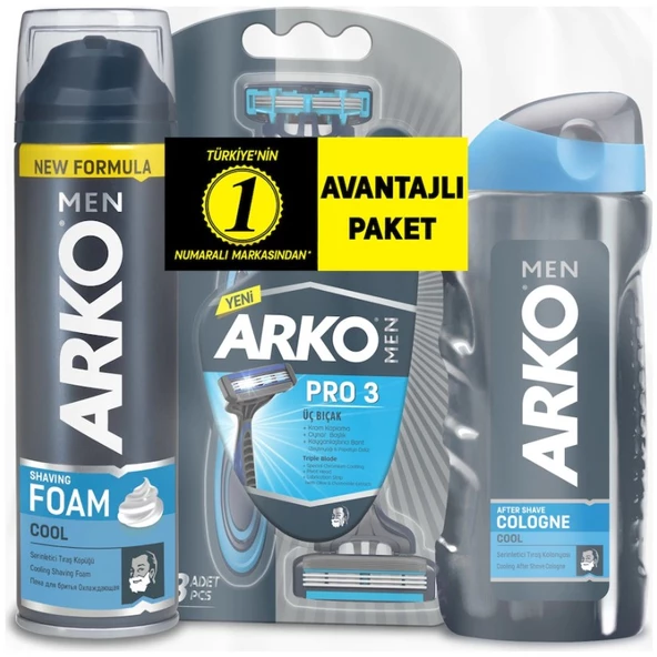 Arko Men T3 Pro 3 Bıçaklı Tıraş Bıçağı 3'lü & Cool Tıraş Köpüğü 200 ml  Cool Tıraş Kolonyası 250 ml