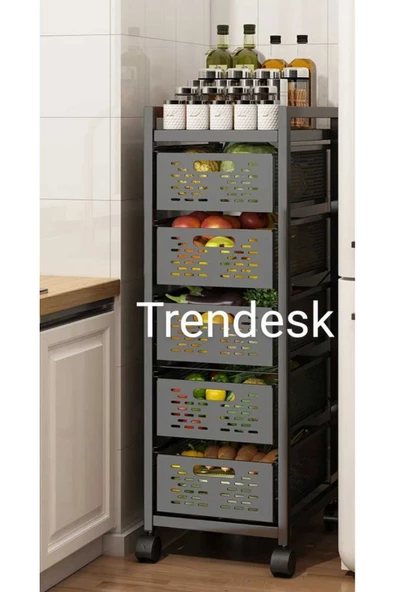 TRENDESK 5 Katlı Metal Siyah Çok Amaçlı Patates Soğan Sebze Meyve Sepeti Sebzelik Tekerlekli - 2